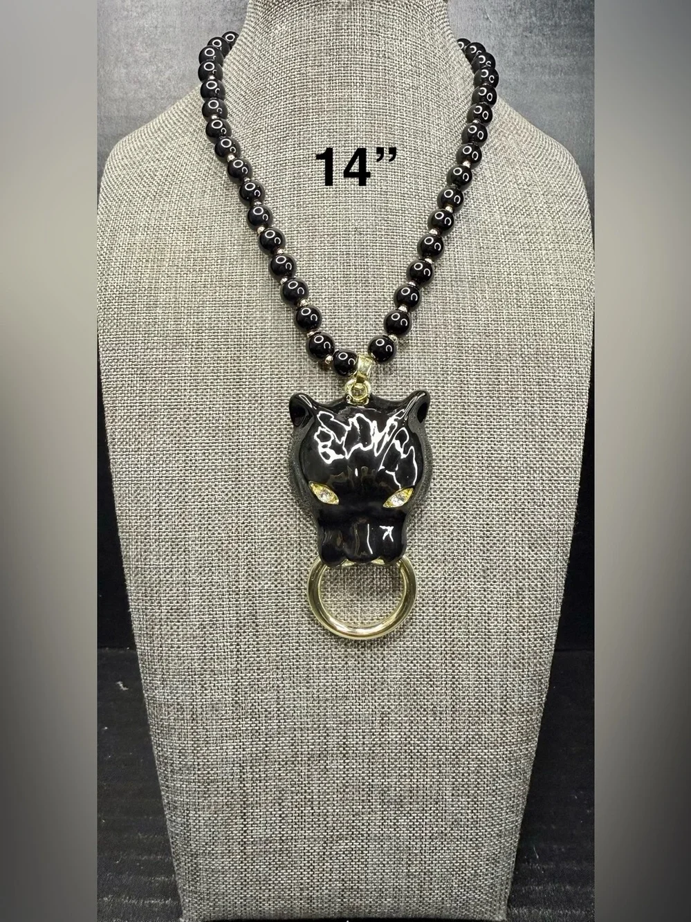 Black Cat Pendant Necklace with Gold Ring - Unbranded